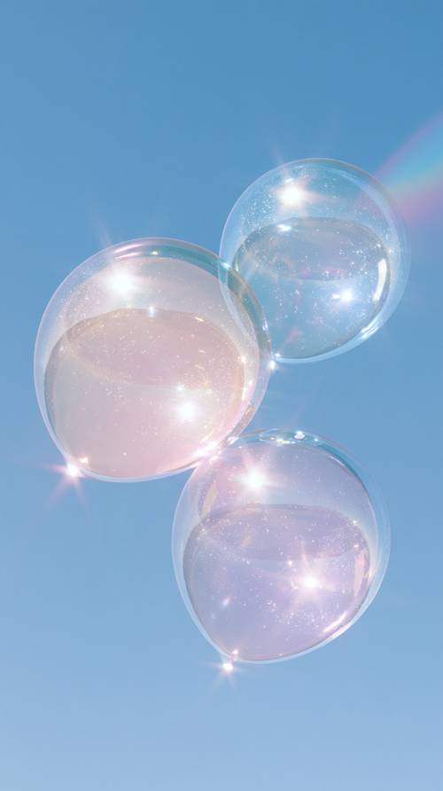 Burbujas de jabón brillantes flotando en el cielo azul Fondo de pantalla [fe33229204be40aaa6ac]