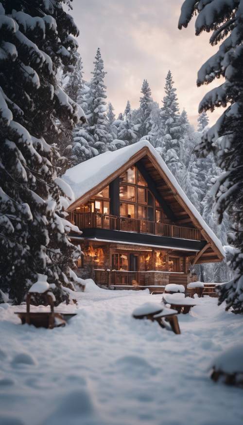 Eine gemütliche Skihütte, eingebettet in den Schnee, der Duft heißer Schokolade und eines im Kamin brennenden Feuers.