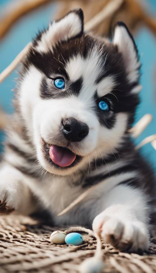Un cucciolo di Husky con gli occhi azzurri che si lancia giocosamente su un giocattolo di piume.