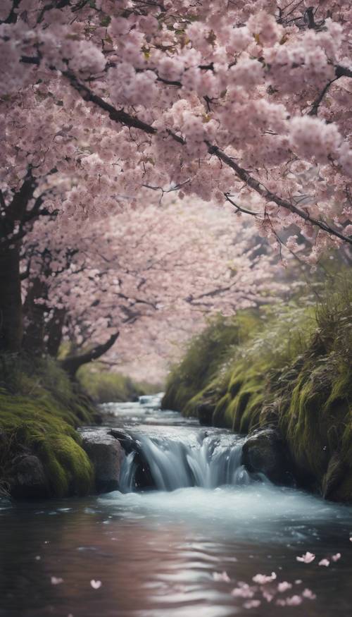 Cherry blossoms gently falling onto a peaceful, cool stream flowing through a secluded forest. Wallpaper [6be92487d33e43168493]