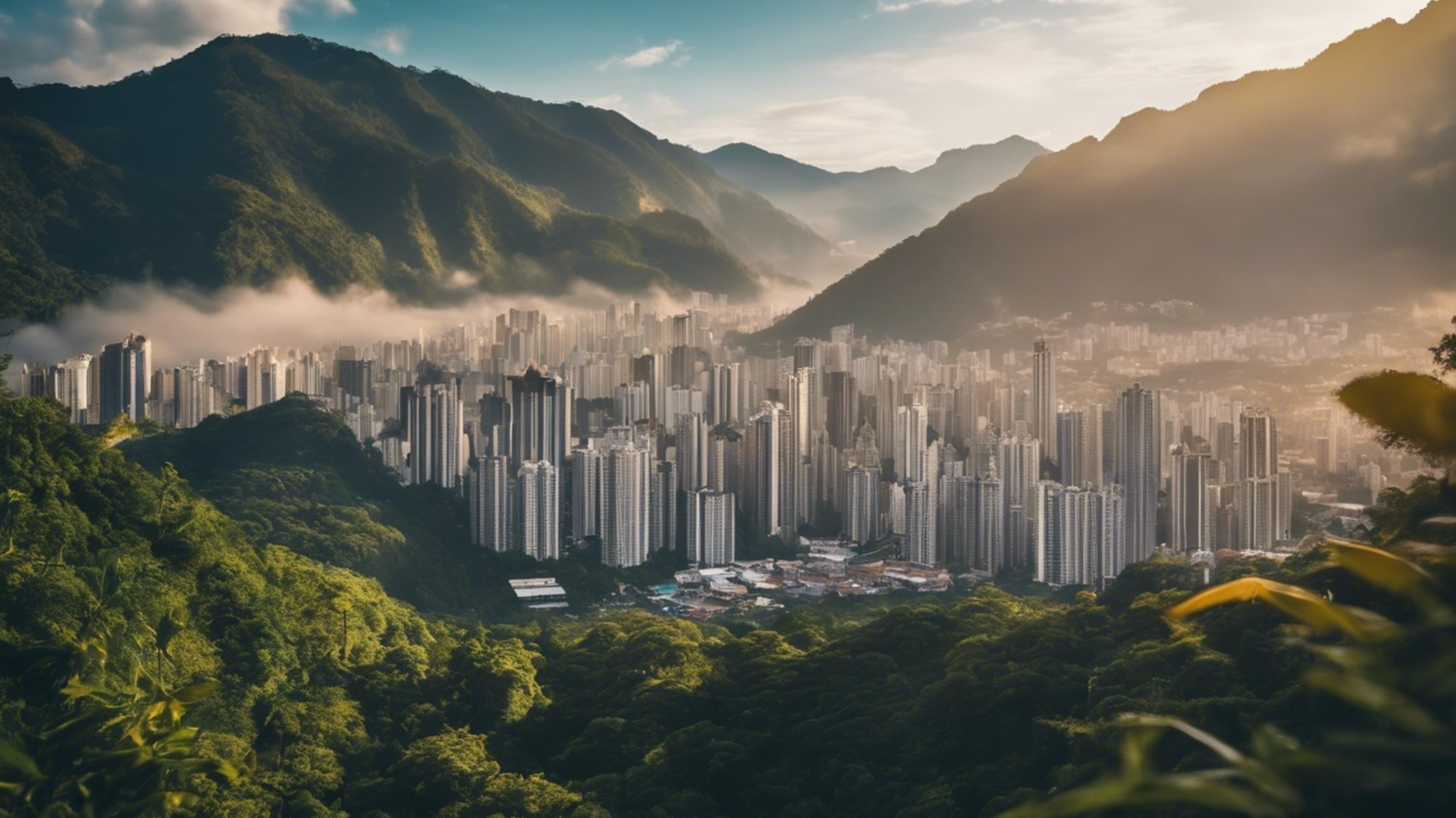 The enchanting skyline of a mountain range rainforest city in the heart of nature. Fondo de pantalla[97852b95a374431baf05]