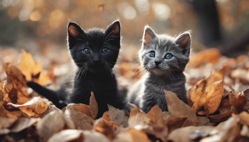 Những chú mèo con màu đen và xám đang chơi đùa trên đống lá mùa thu.