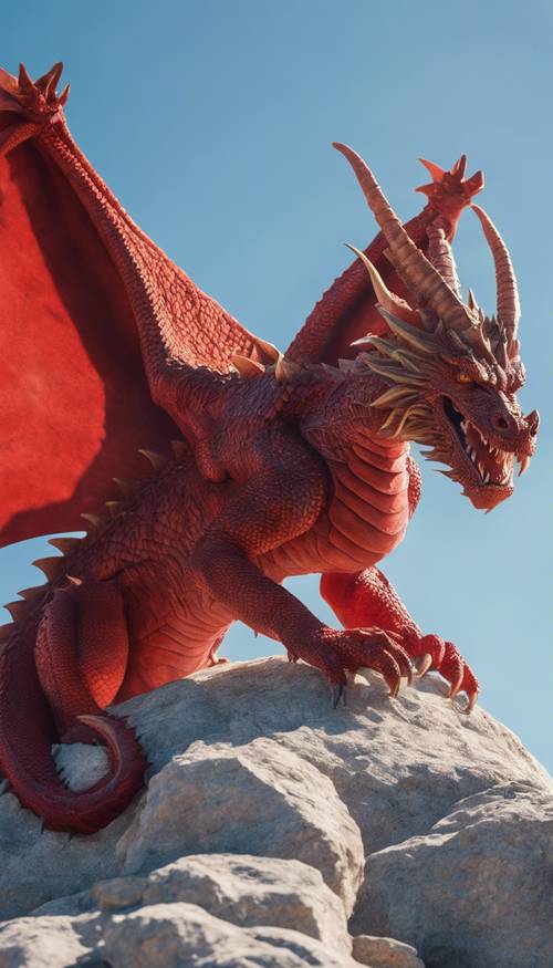 A red dragon resting peacefully on the peak of an isolated mountain under a clear blue sky. Behang [b1f84e587d04466eb714]