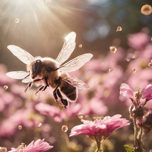 Peri merah jambu yang pemberani, sedang terbang bersama segerombolan lebah, mengumpulkan madu di bawah sinar matahari sore yang cerah.