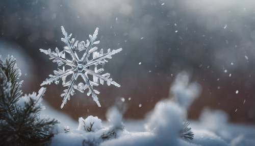 A simple snowflake with a unique and intricate design, falling softly from the sky.