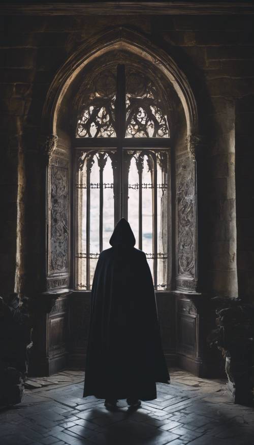 一个身穿哥特式斗篷的神秘人物，站在一座闹鬼城堡的门口。