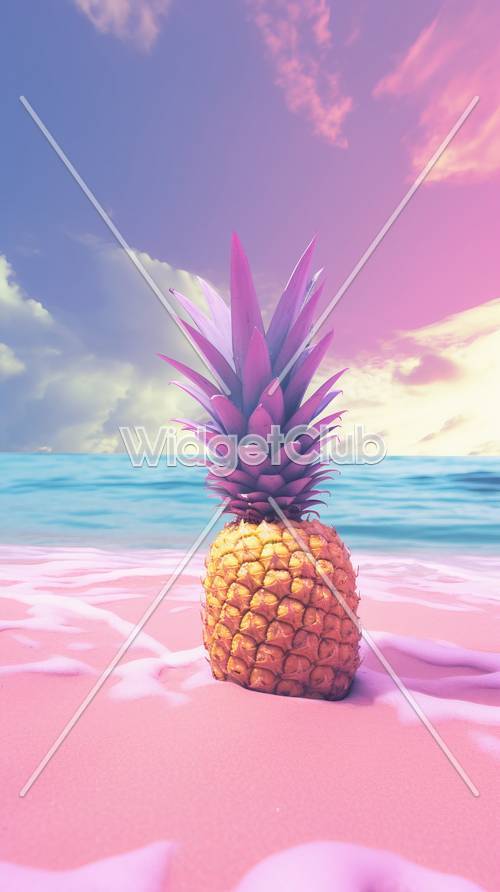 Ananas coloré sur une plage au coucher du soleil