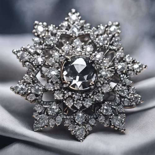 A brooch featuring a beautiful gray diamond in the center, surrounded by smaller white diamonds.