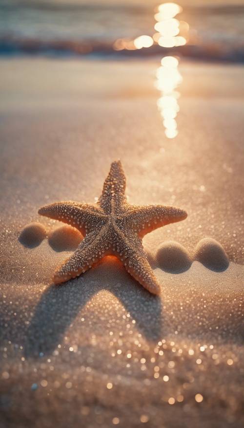 Ein bezaubernder Blick auf das Meer im Morgengrauen mit niedlichen Seesternen, die in der Form des Sternbilds Fische auf nassem Sand angeordnet sind.