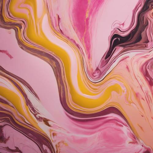A pink and yellow abstract wall painting with a fluid, marbled texture.