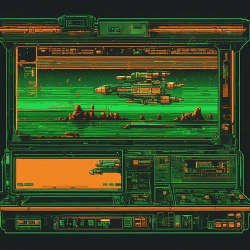 Layar komputer berwarna hijau yang menampilkan pengambilan gambar pesawat ruang angkasa oranye berpiksel dalam video game 8-bit.