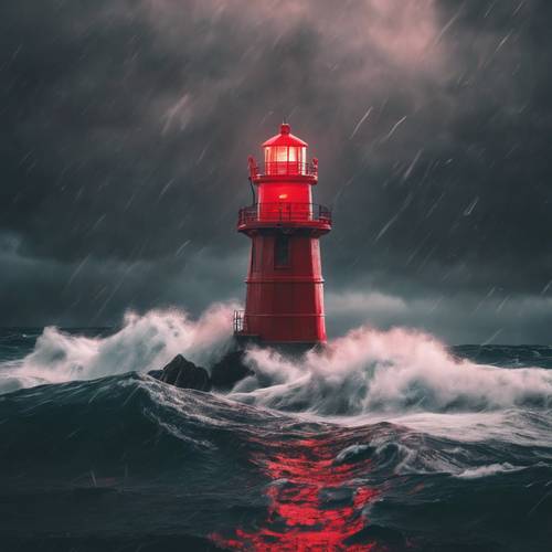 Neonowa czerwona latarnia morska prowadząca statki bezpiecznie do domu pośród wzburzonego, wzburzonego morza.