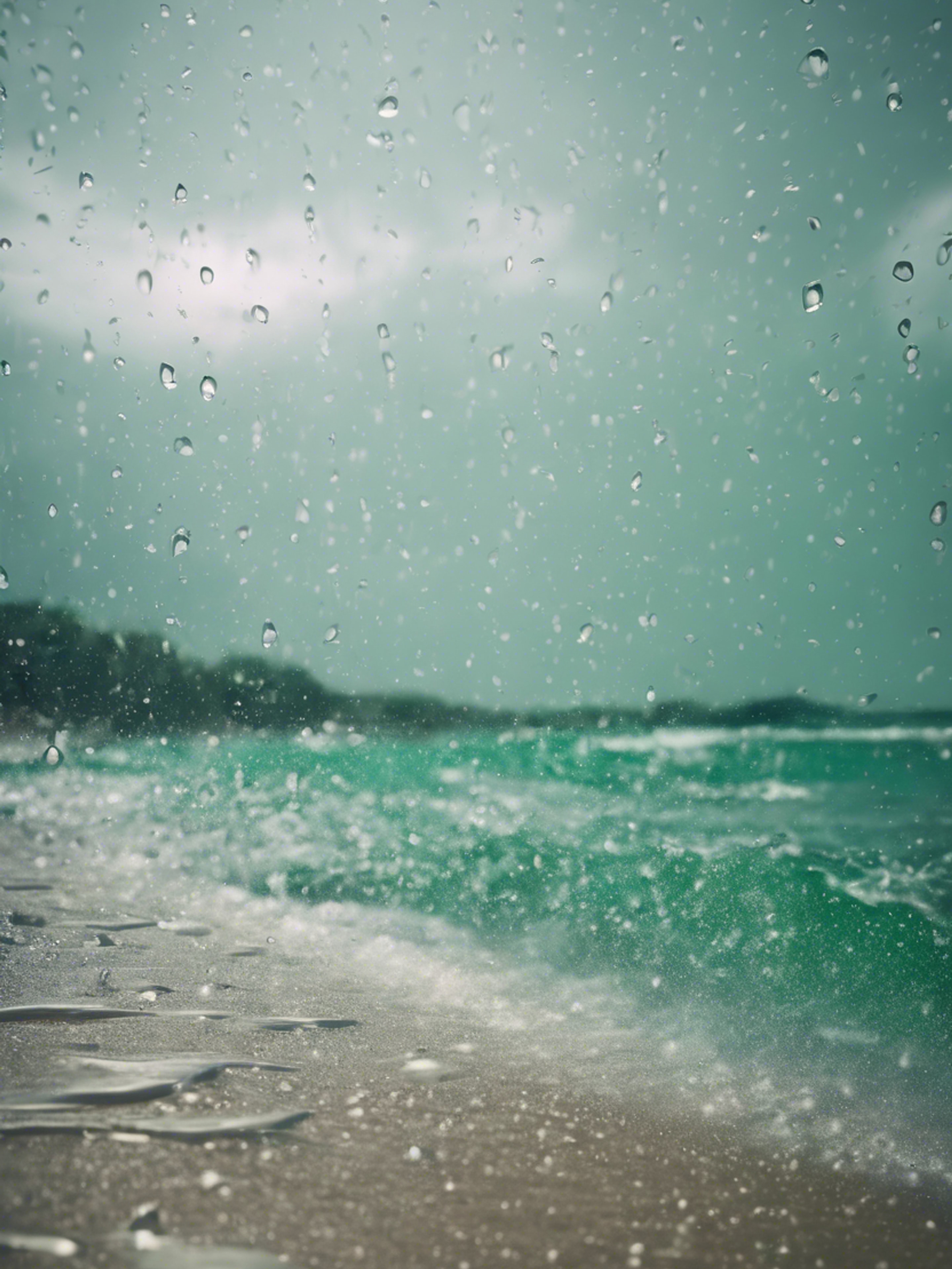 A tropical beach during a heavy downpour, raindrops peppering the emerald ocean surface. Wallpaper[12d3e55d32da4f6db703]