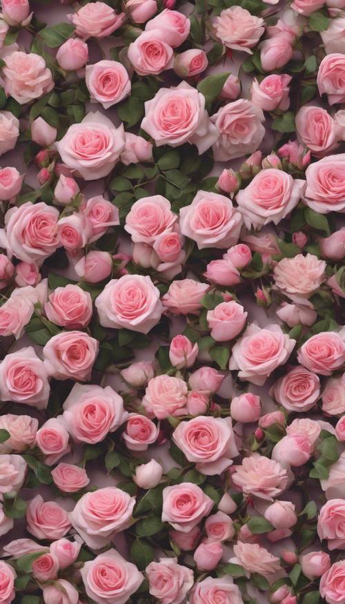 Une grappe dense de petites roses roses qui fleurissent sur une vigne, créant un motif homogène.