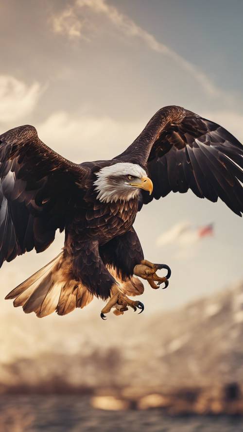 Uma águia voando alto com a bandeira americana ao fundo.