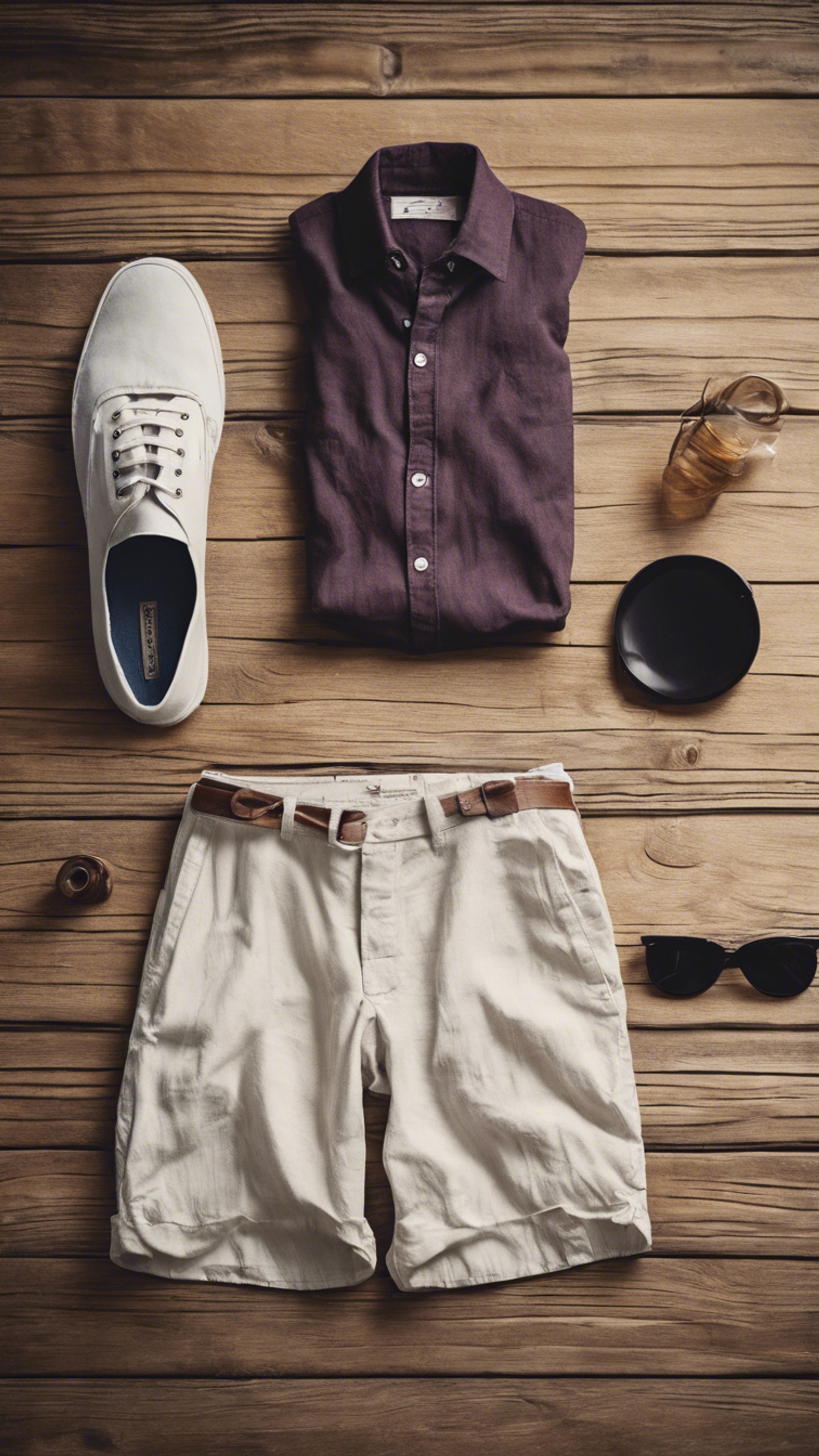 A casual preppy summer outfit, featuring a linen shirt, cotton shorts, and canvas slip-ons, laid out neatly on a rustic wooden table. Wallpaper[935d28da785e4fc8a098]