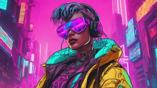 Un personnage cyberpunk portant des vêtements aux couleurs pastel et des lunettes de soleil réfléchissantes, éclairé par des néons.