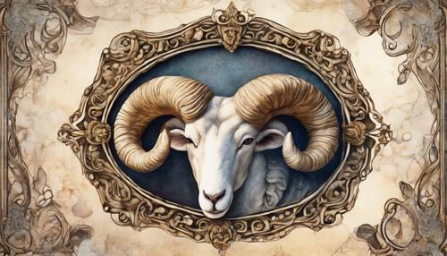 Intricate watercolour painting of Aries symbol set inside an ornate vintage frame.