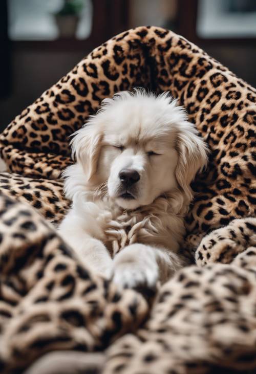 A fluffy dog sleeping on a cozy leopard print pet bed