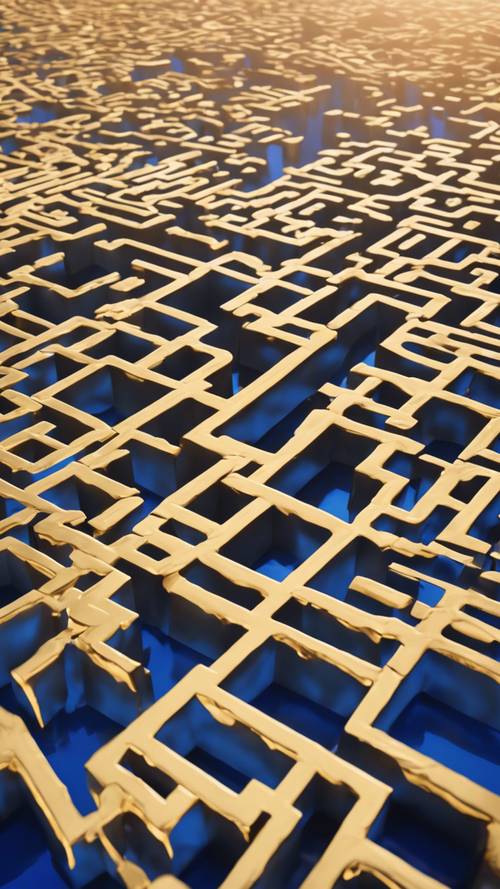 A gold geometric maze floating in an ultramarine blue sky.