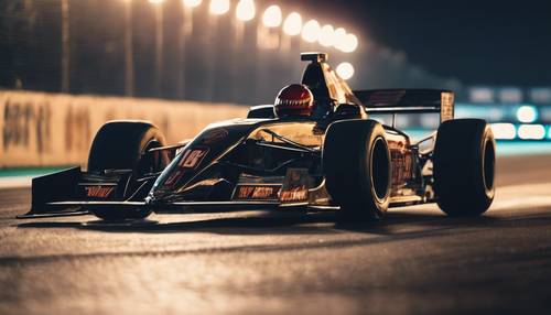 Coche de carreras metálico oscuro y brillante acercándose a una pista nocturna Fondo de pantalla [d31032b4d5fb41969c06]