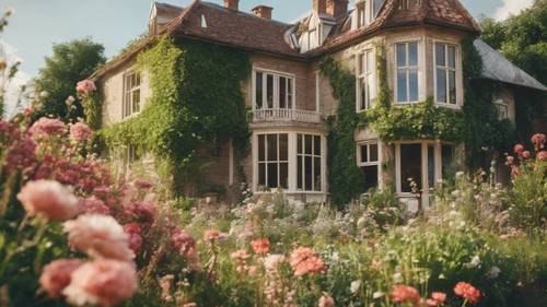 A beautiful country house surrounded by a blooming flower garden in the sun.