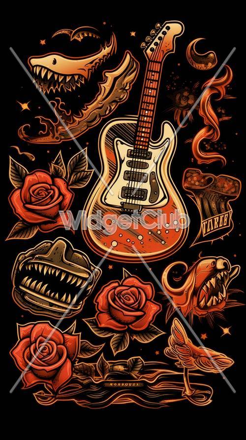 ロックンロールと炎をイメージしたギターデザインの壁紙
