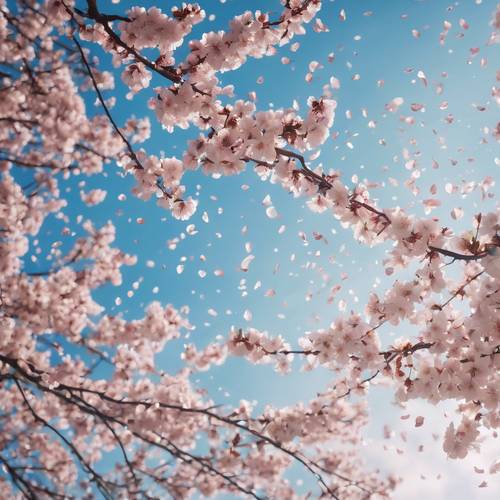 A painting-like image of cherry blossom petals raining down from lofty branches against a clear blue sky.