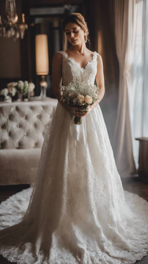 Khung cảnh cô dâu với chiếc váy lanh tô điểm bằng tác phẩm ren tinh tế.