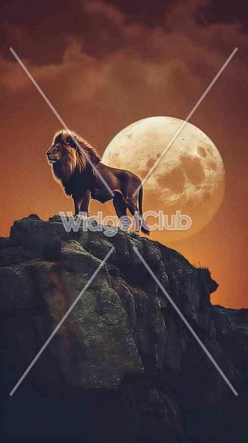 Majestic Lion and Moon on Rock Formation
