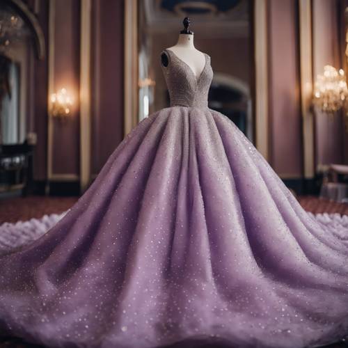 A gorgeous ballroom gown in light purple made of silk and studded with tiny diamonds.