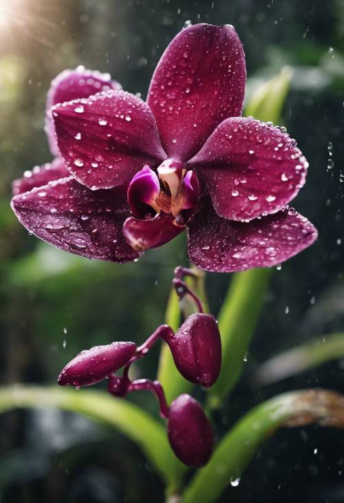 A burgundy orchid with dew drops on its petals, in a dense rainforest.