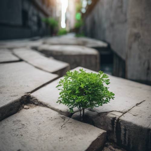 Un piccolo albero verde che cresce nella fessura di una giungla urbana di cemento.