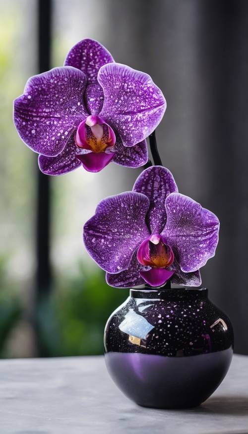 Une orchidée violette dans un vase noir se distingue par ses paillettes platine un matin de printemps.