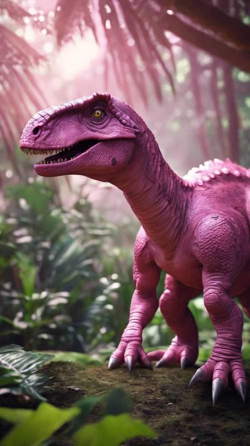 Un dinosaure rose réaliste errant dans une jungle préhistorique dense.