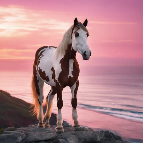 Ein majestätisches Paint Horse steht auf einer Klippe mit Blick auf den Ozean vor dem Hintergrund eines spektakulären rosa Sonnenaufgangs.