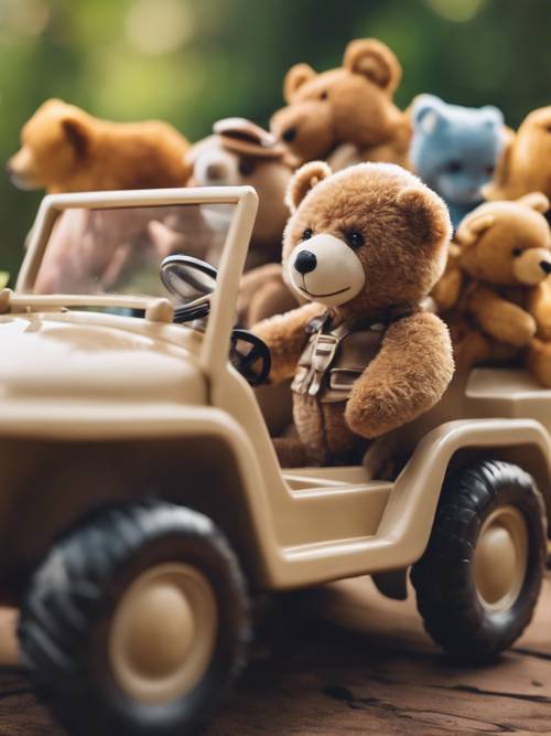 Một chú gấu bông đi săn, cưỡi trên chiếc xe jeep đồ chơi giữa những con thú đồ chơi sang trọng.