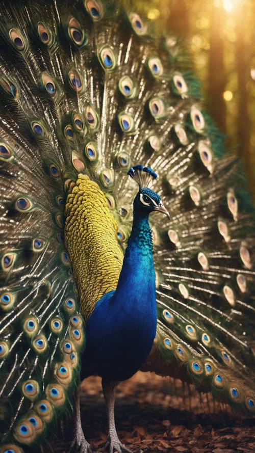 Un pavo real azul marino extendiendo sus plumas, resaltadas con tonos dorados, en un bosque encantado.