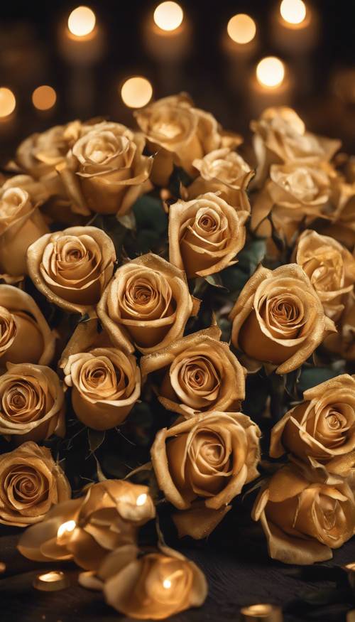 Un ramo de rosas doradas que brillan bajo la suave luz de las velas.