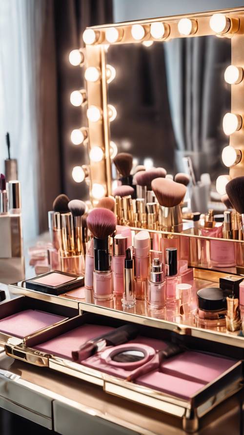 Elegancka toaletka w kolorze złotym i różowym, wypełniona eleganckimi produktami do makijażu.