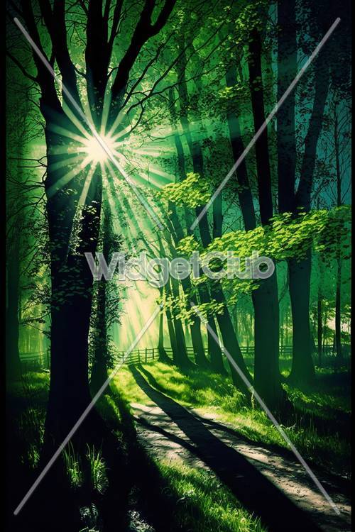 La luz del sol a través del sendero del bosque verde