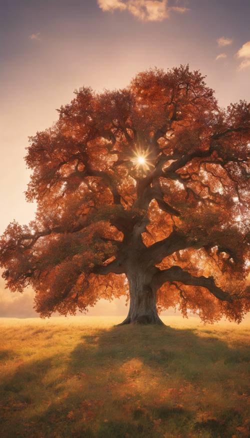 Pohon ek yang megah di tengah padang rumput yang damai, dengan dedaunan yang berubah warna menjadi merah dan oranye menyala saat matahari terbenam di musim gugur.