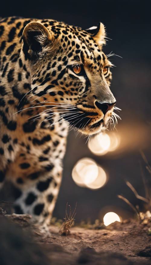 A leopard stealthily stalking its prey at night under the moonlight. Tapeta [0feedb169d2b43bc85b7]