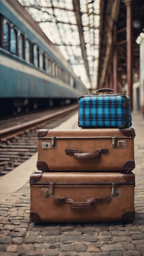 빈티지한 파란색 격자 무늬 여행가방이 오래된 기차역에 기대어 있었습니다.