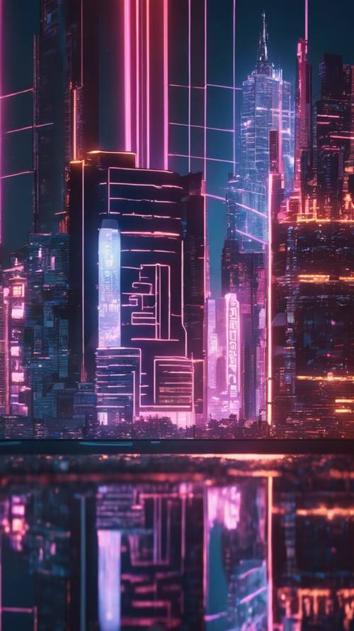 Futuristic night city skyline with neon lights, reflection in water in Y2K aesthetic style.