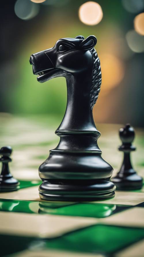 A black rook chess moving across a lively green chessboard.