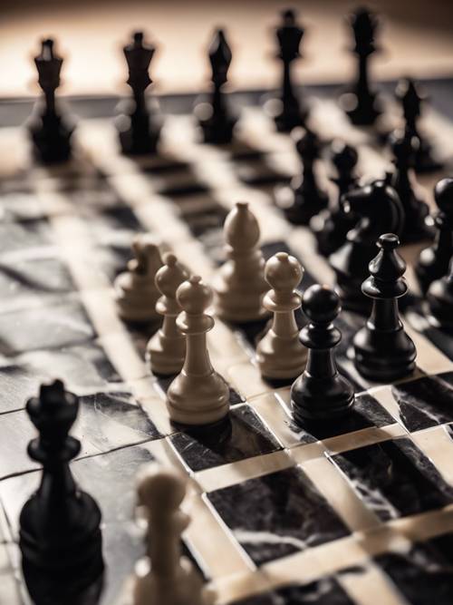 Um tabuleiro de xadrez de mármore escuro preparado para um jogo tenso, sob uma iluminação suave e fraca.