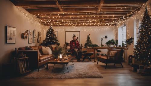 Una elegante fiesta navideña en la oficina en un loft de temática preppy con luces de cadena colgando del techo.