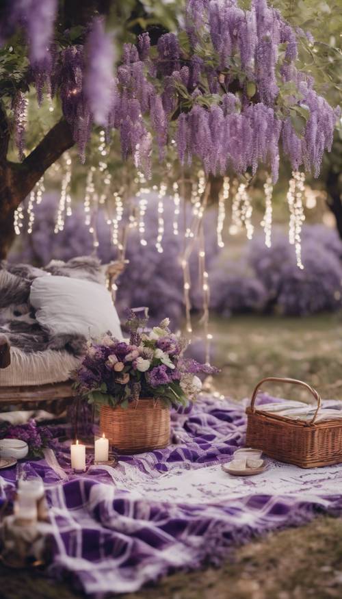 Un picnic bohémien sotto gli alberi di glicine, con luci folletto viola, coperta a quadretti viola e bianchi e fiori viola.