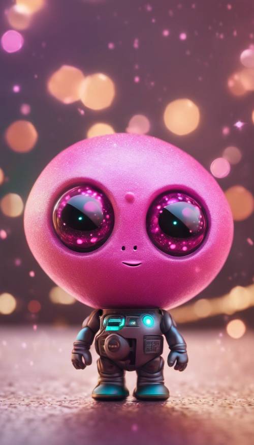 A cute alien emoji with sparkling pink eyes holding a small planet. Taustakuva [878058f96fc1437685d4]